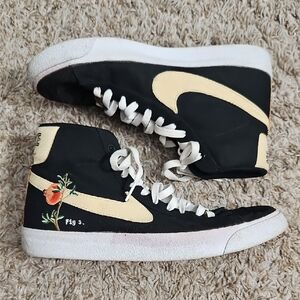 Nike Black and Cream High-Top Sneakers with Floral Detail